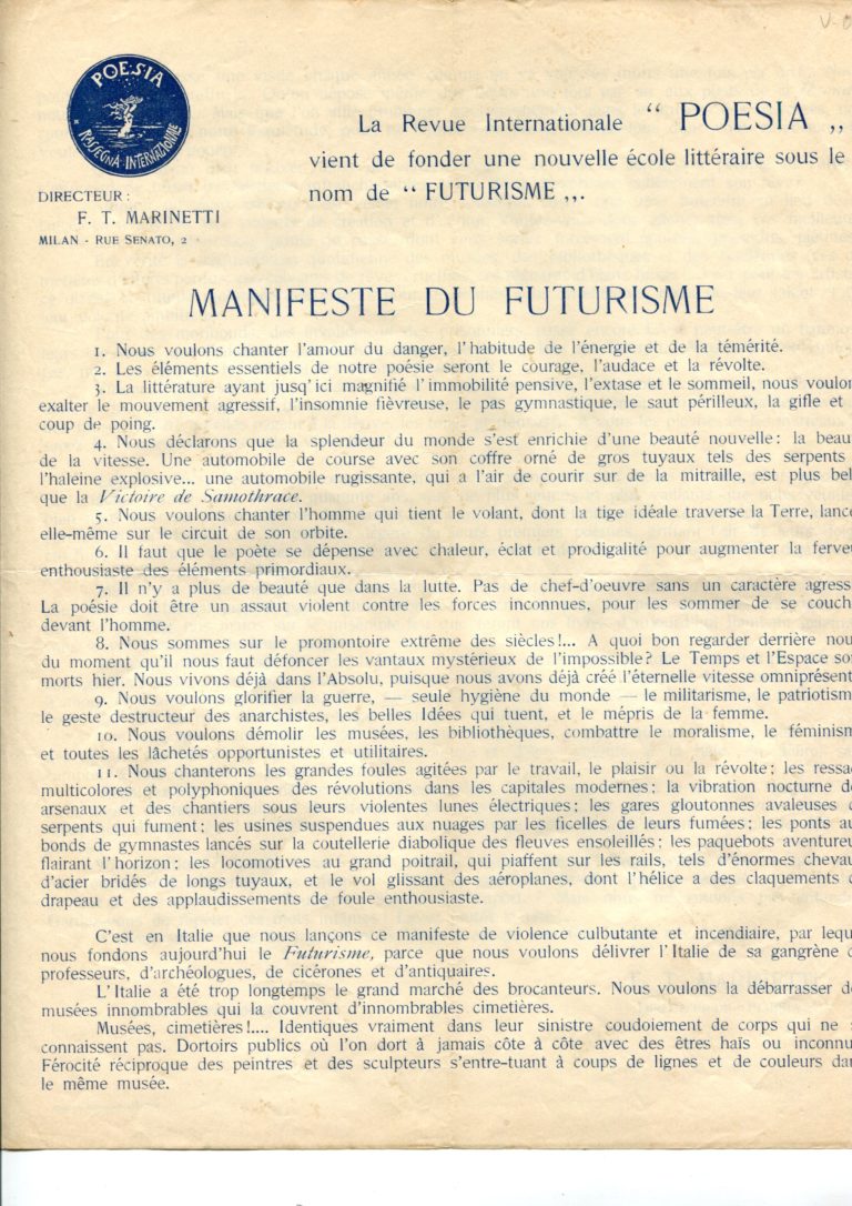 Filippo Tommaso Marinetti Manifeste  du Futurisme  Mizar